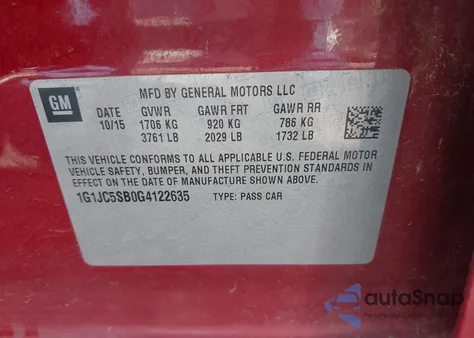 2016 Chevrolet Sonic Lt Auto from USA, damaged, VIN 1G1JC5SB0G4122635